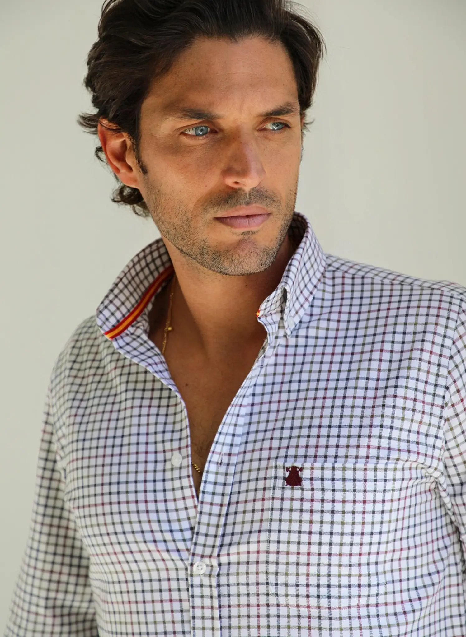 Camisa Cuadros Cinta España Cuello Botón y Bolsillo Hombre