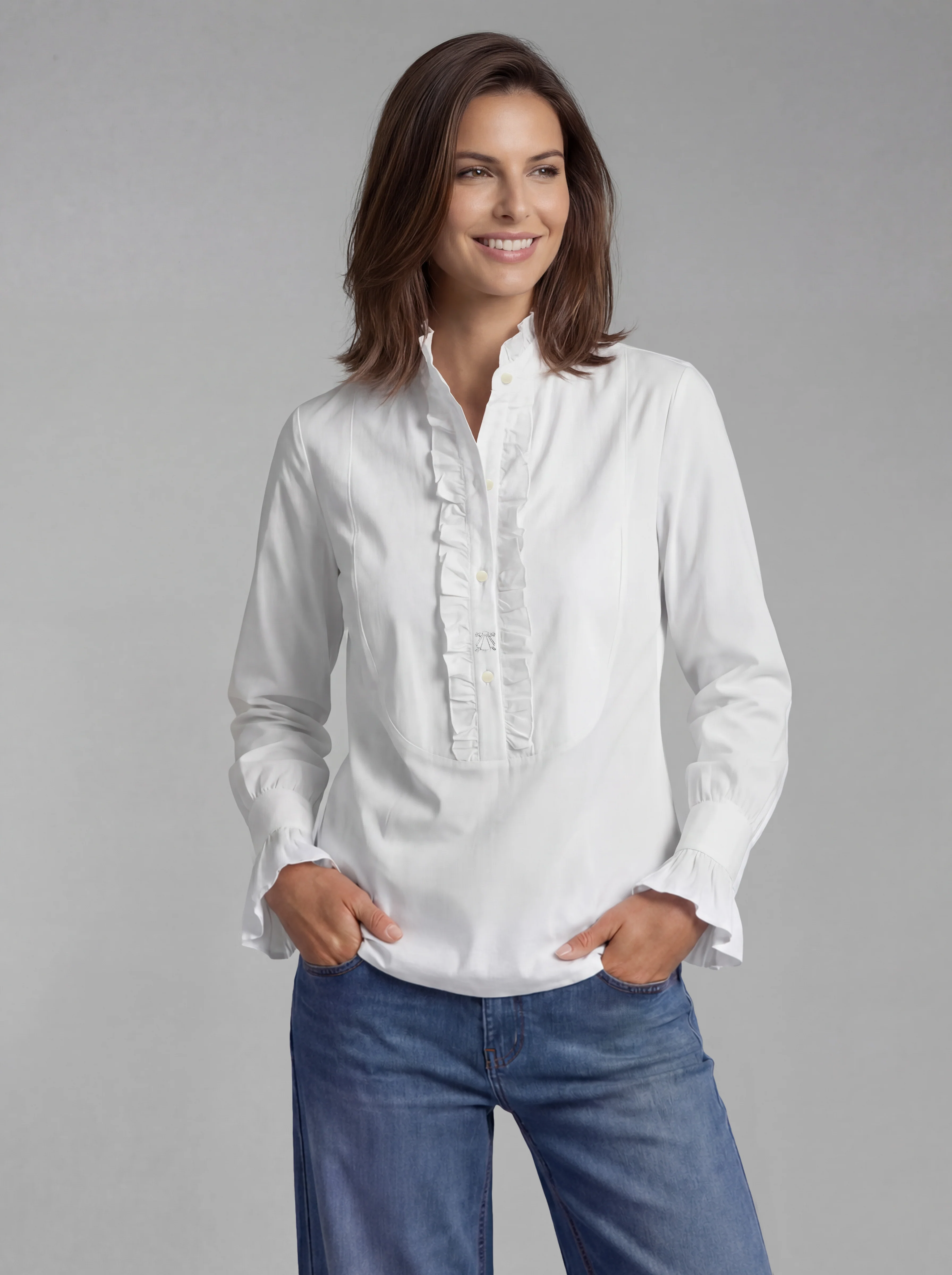 Camisa Blanca Pechera con Volante Puño Mujer