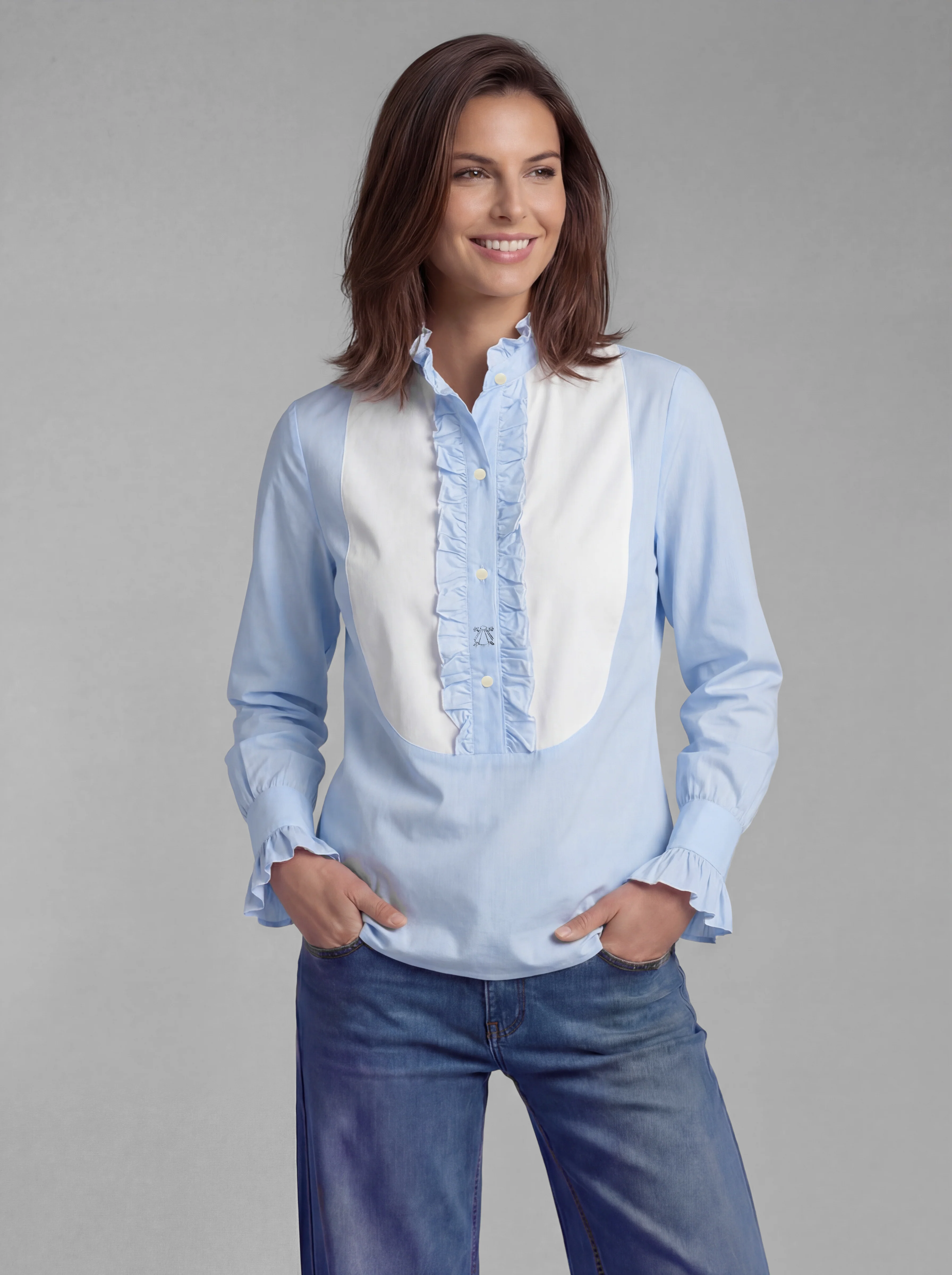 Camisa Celeste Pechera con Volante Puño Mujer
