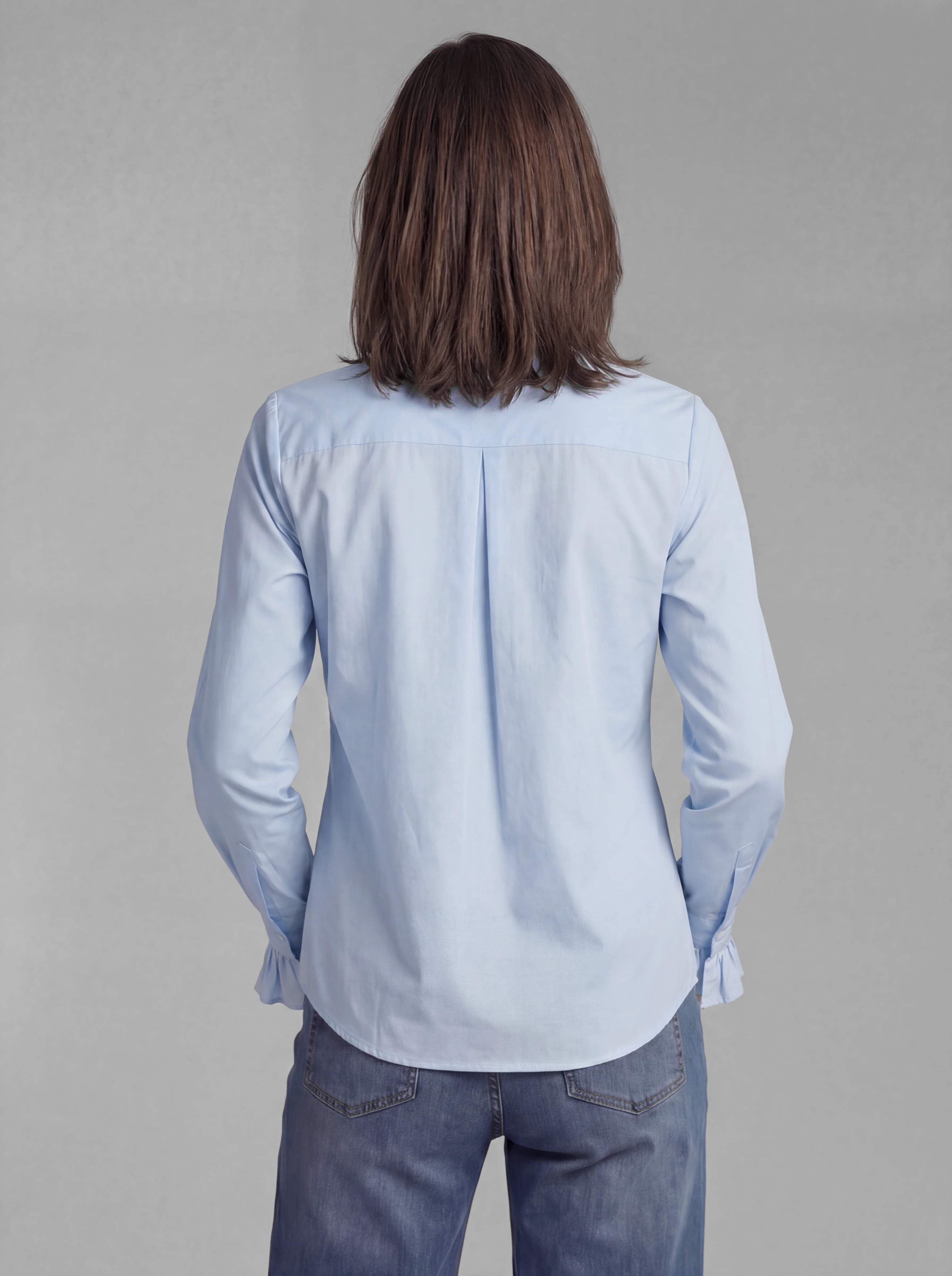 Camisa Celeste Pechera con Volante Puño Mujer - Image 2