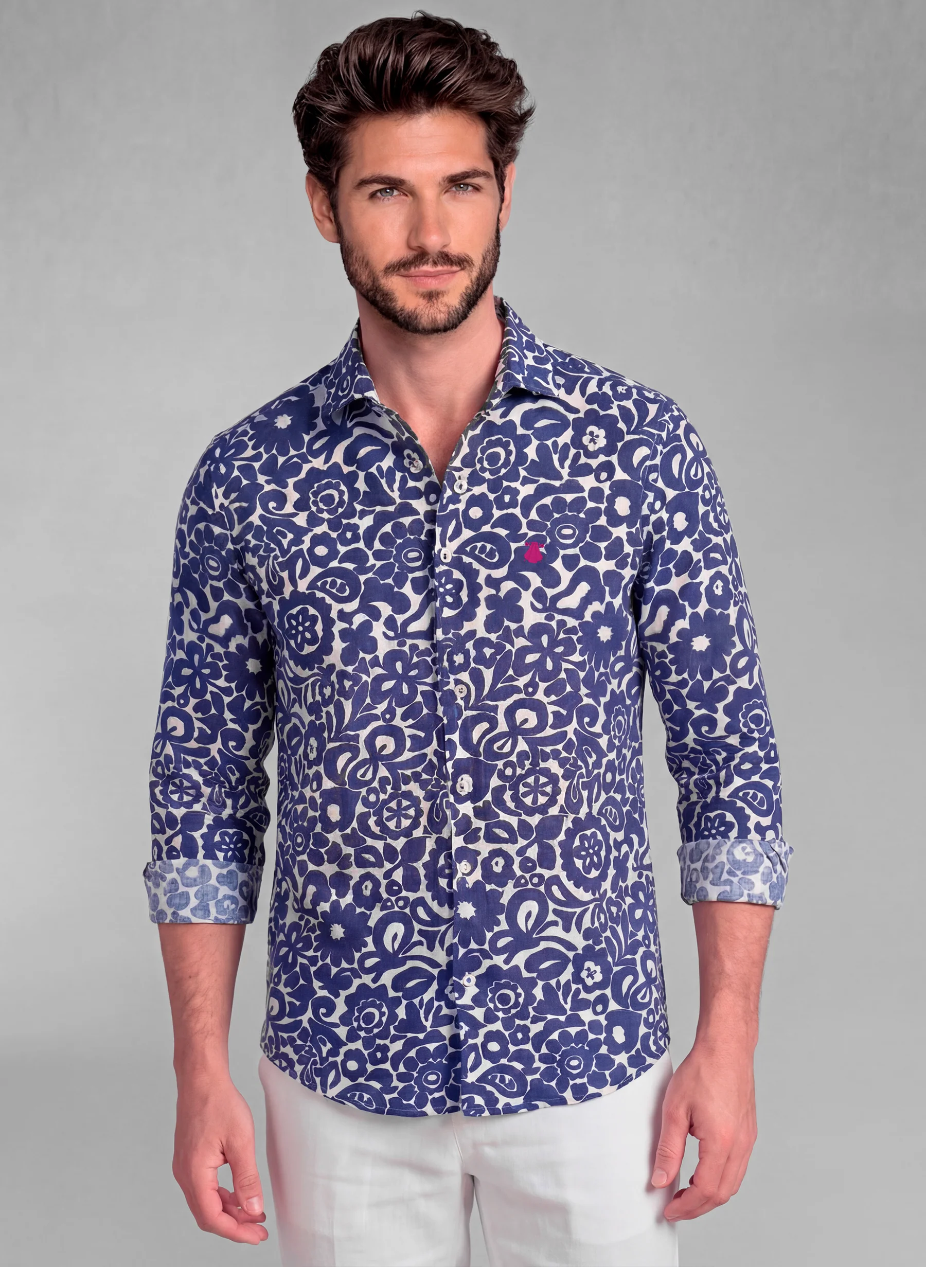 Camisa Flores Azul Marino Lino Hombre