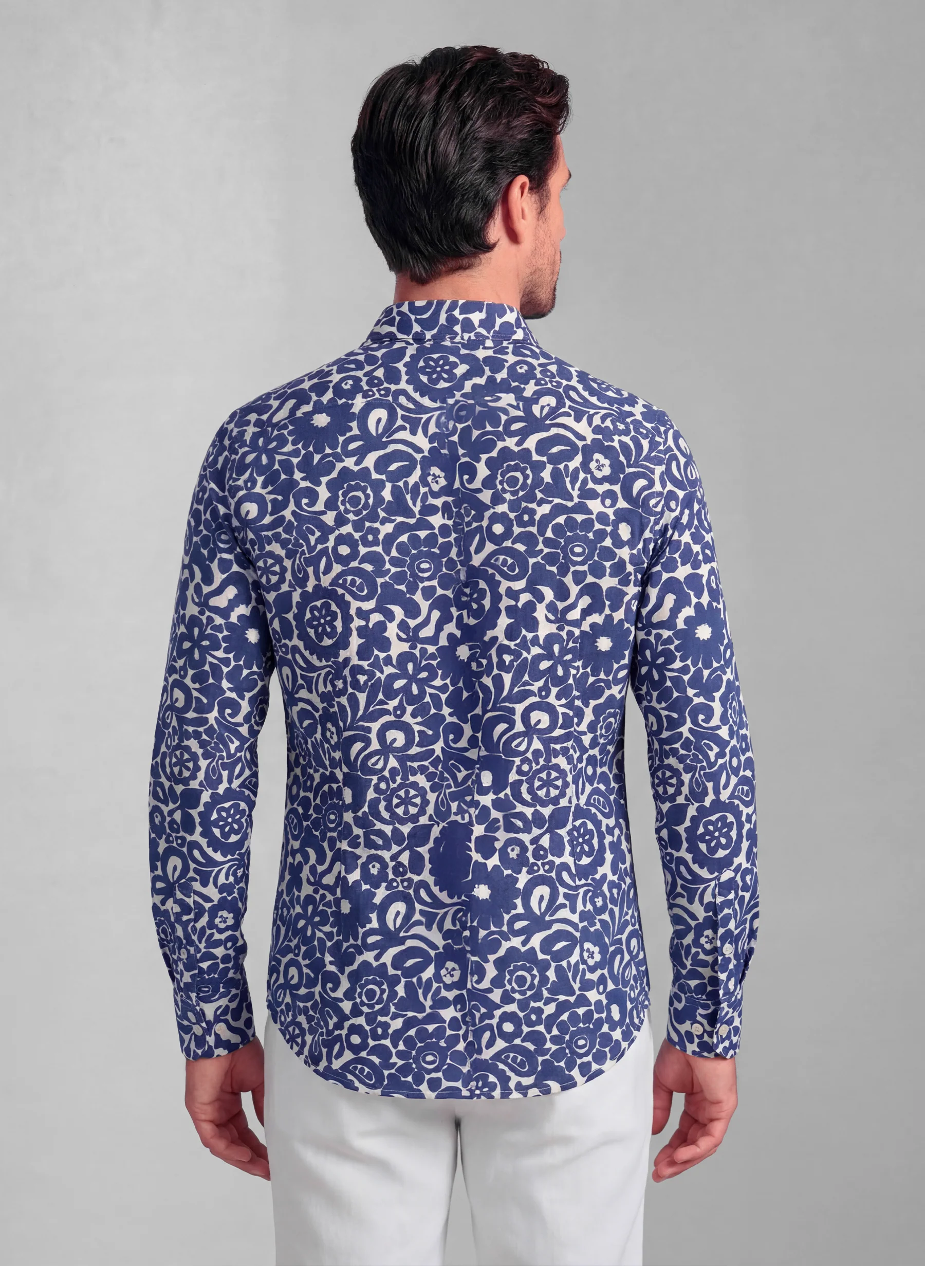 Camisa Flores Azul Marino Lino Hombre - Image 4