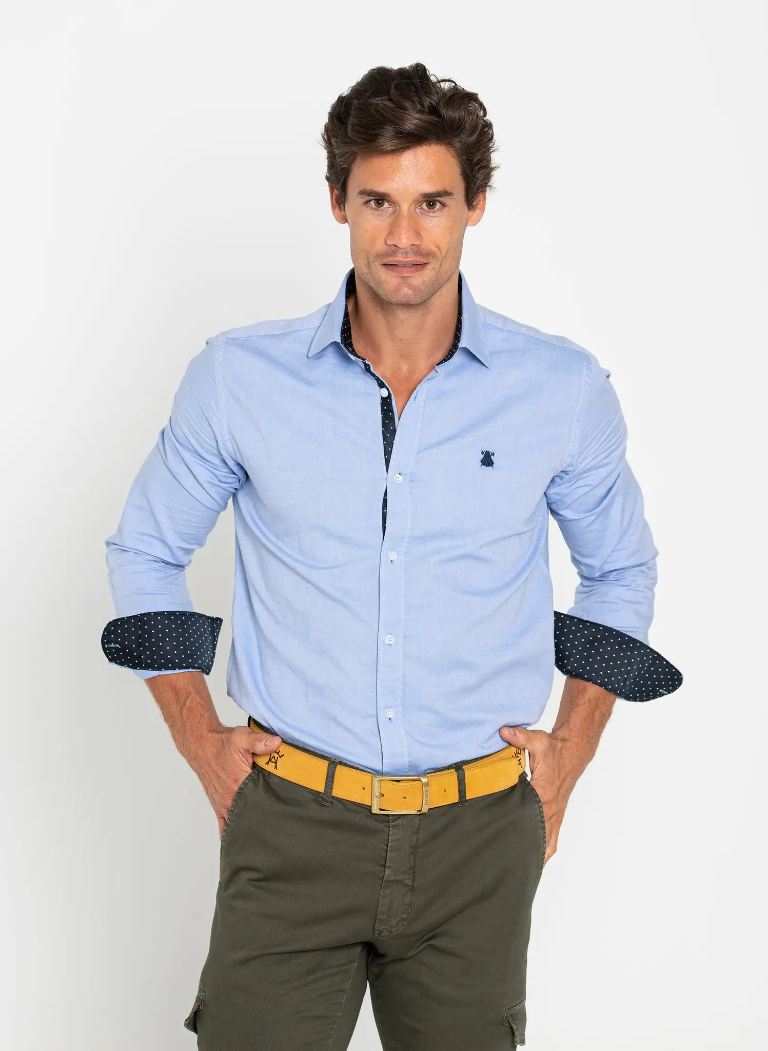 Camisa Hombre Azul Oxford lunares