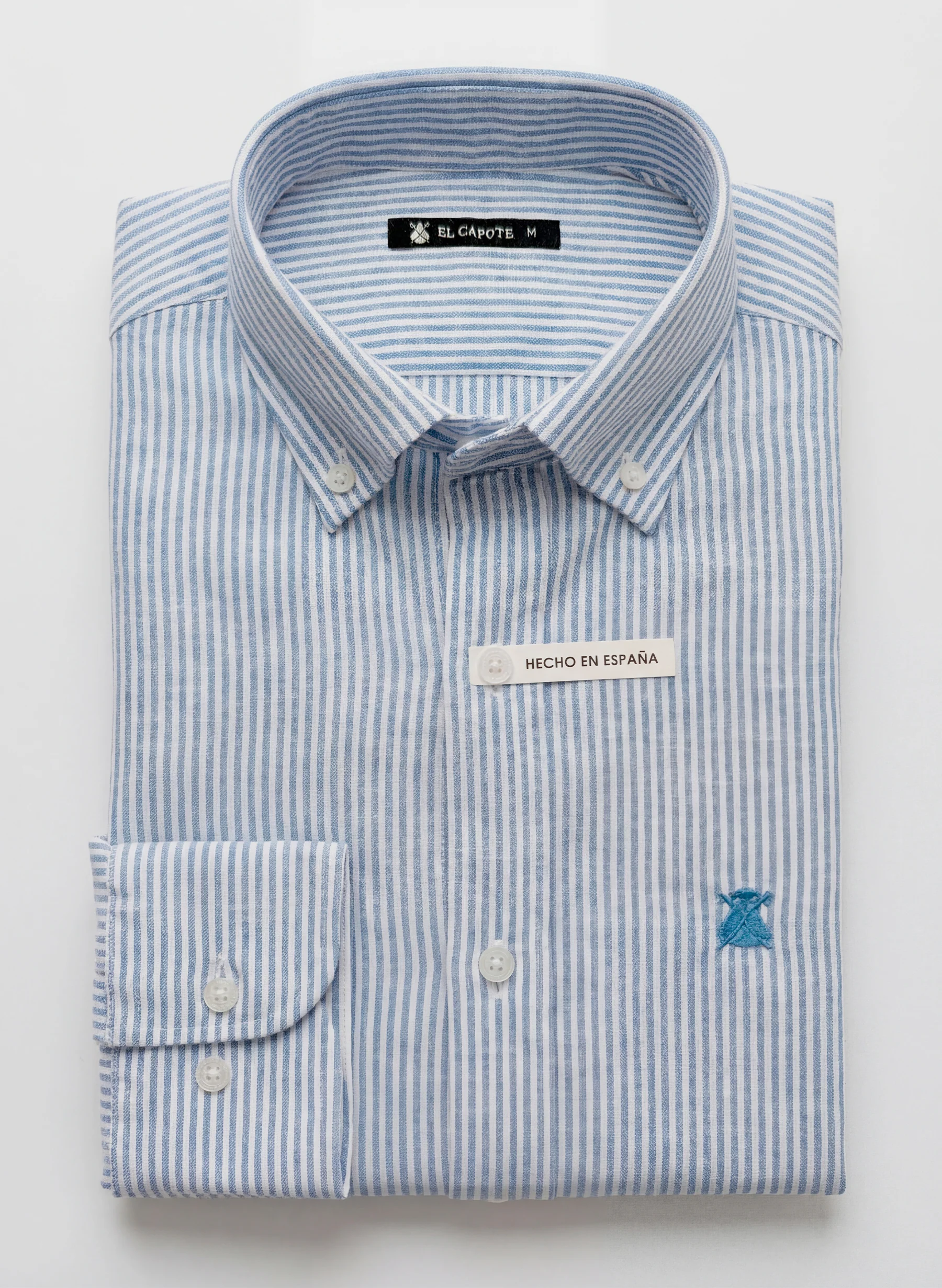 Camisa Rayas Azules Lino Cuello Botón Hombre - Image 2