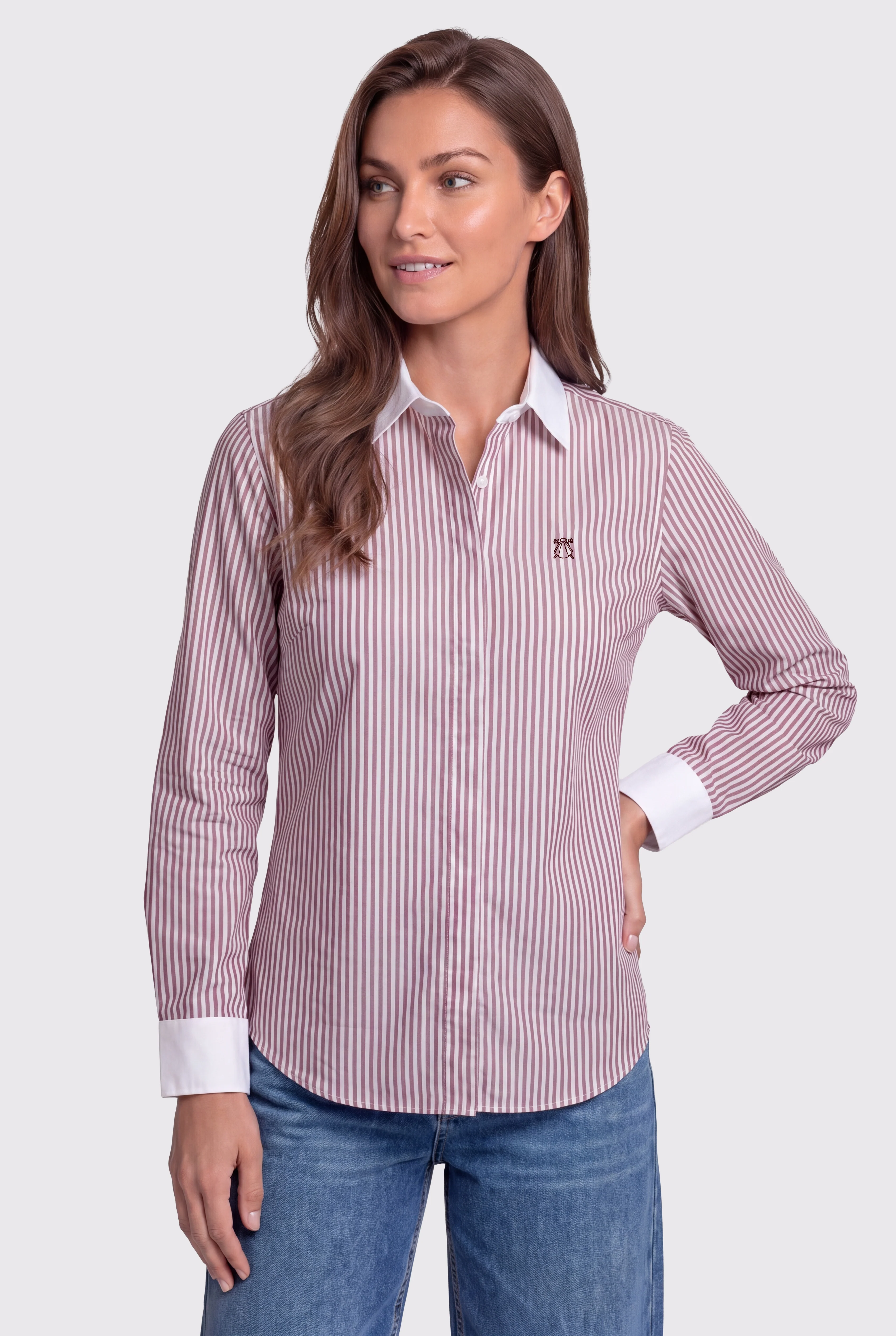 Camisa Rayas Burdeos Cuello y Puños Blancos Mujer