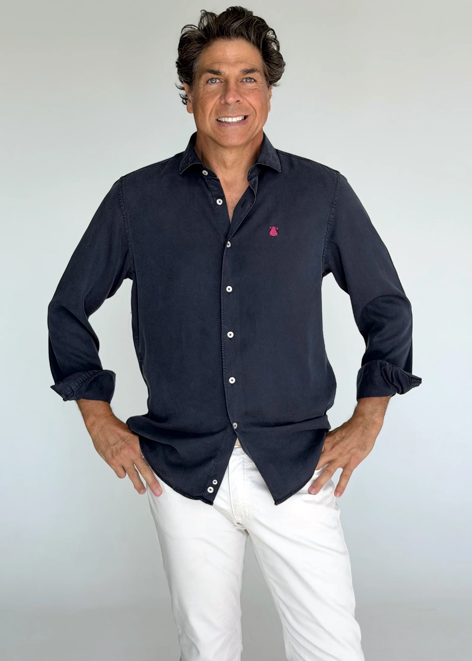 Camisa Tencel Azul Marino Cuello Italiano Hombre