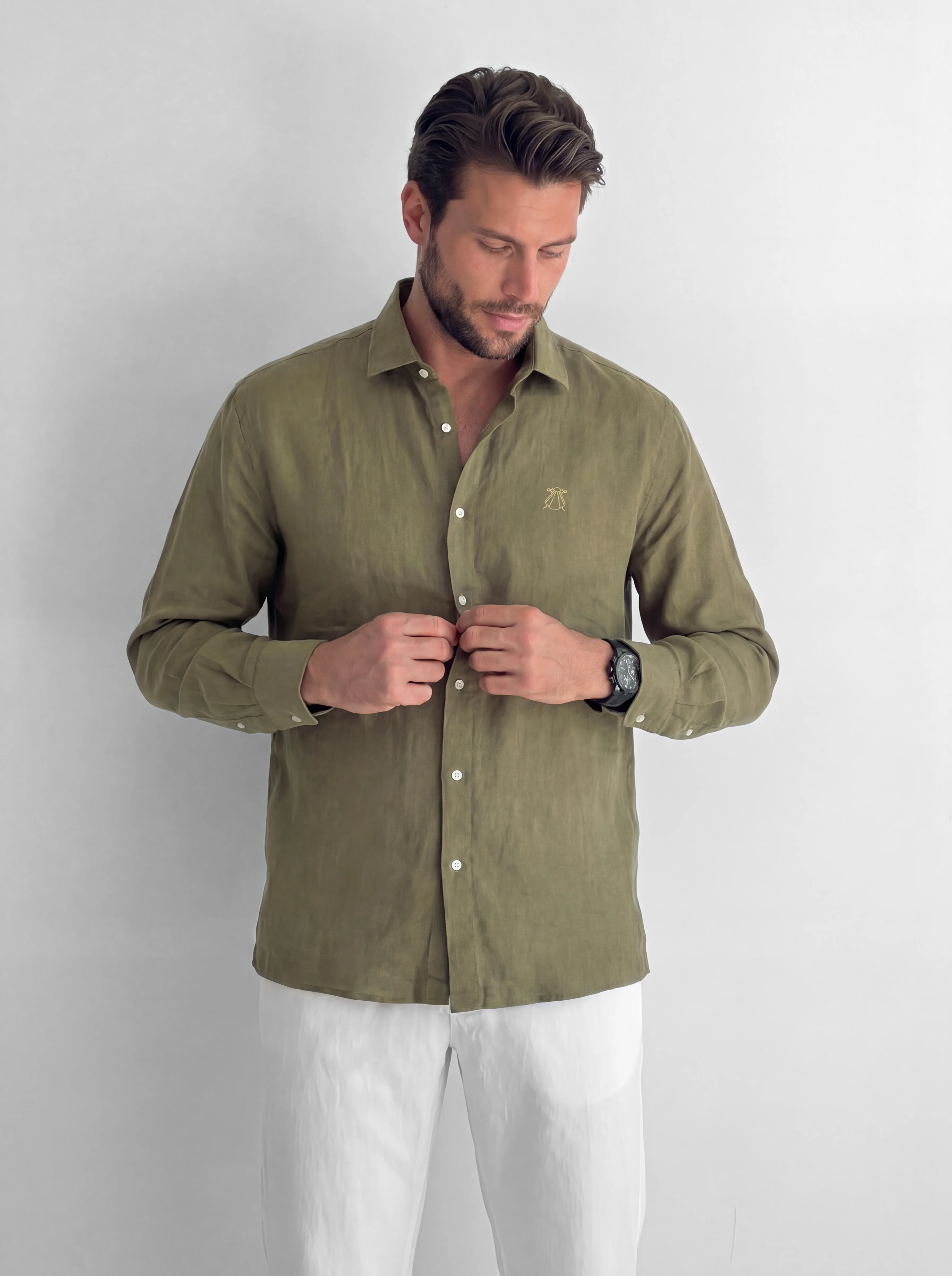 Camisa Verde Kaki Lino Hombre