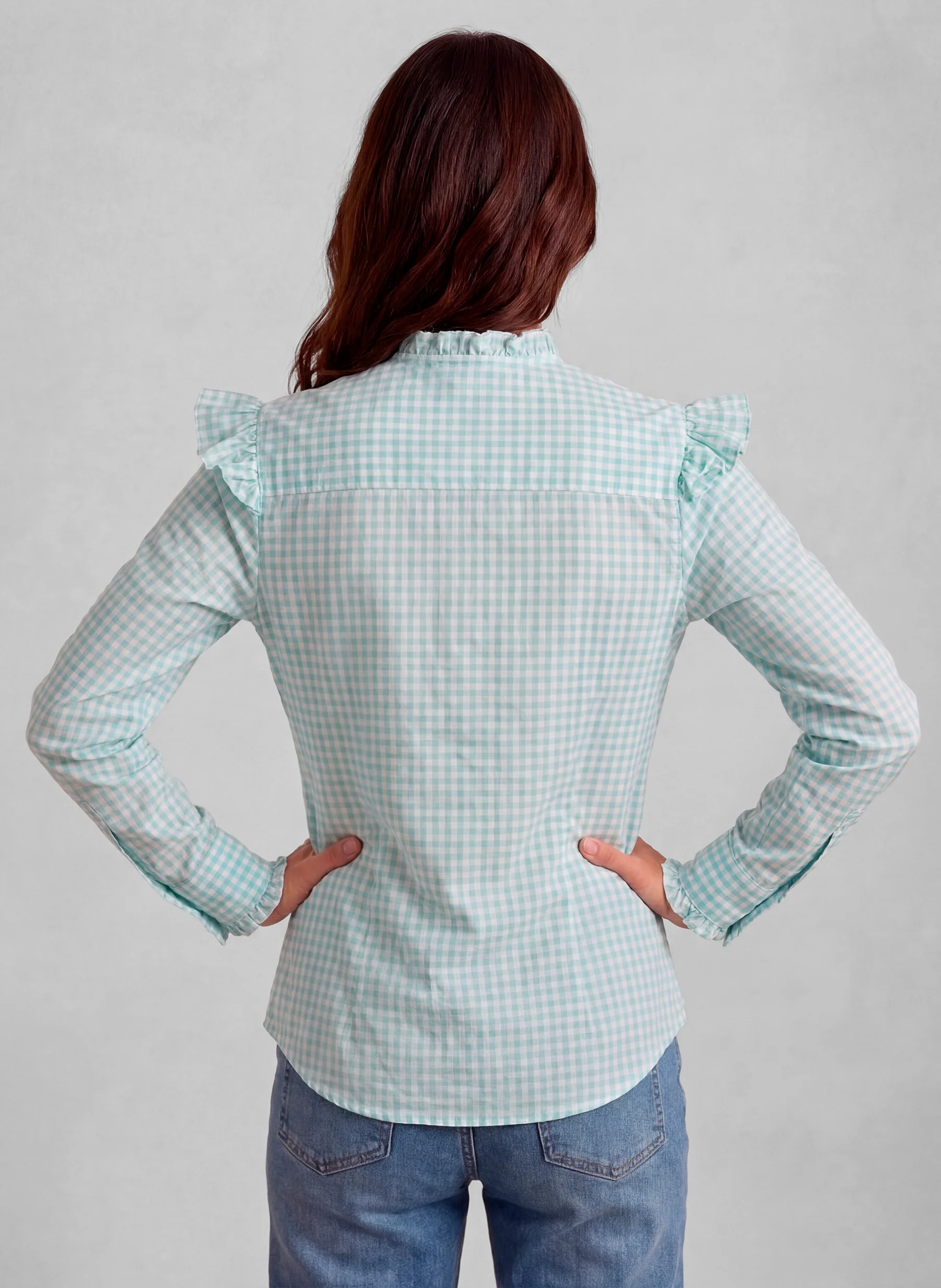 Camisa Vichy Aguamarina Volantes Mujer - Image 3