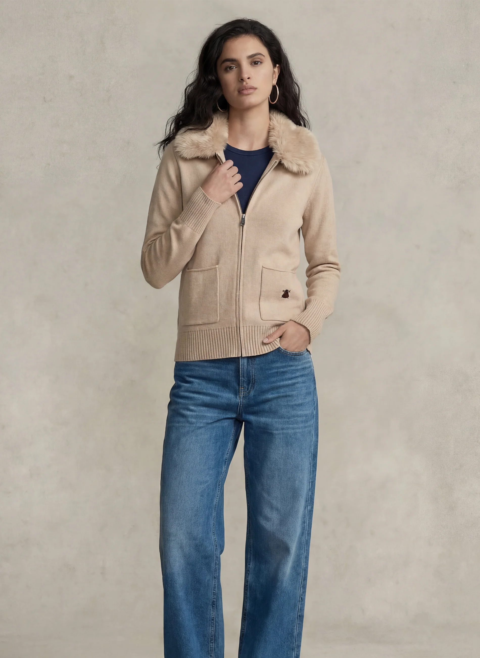 Chaqueta Beige Cuello Pelo Desmontable Mujer