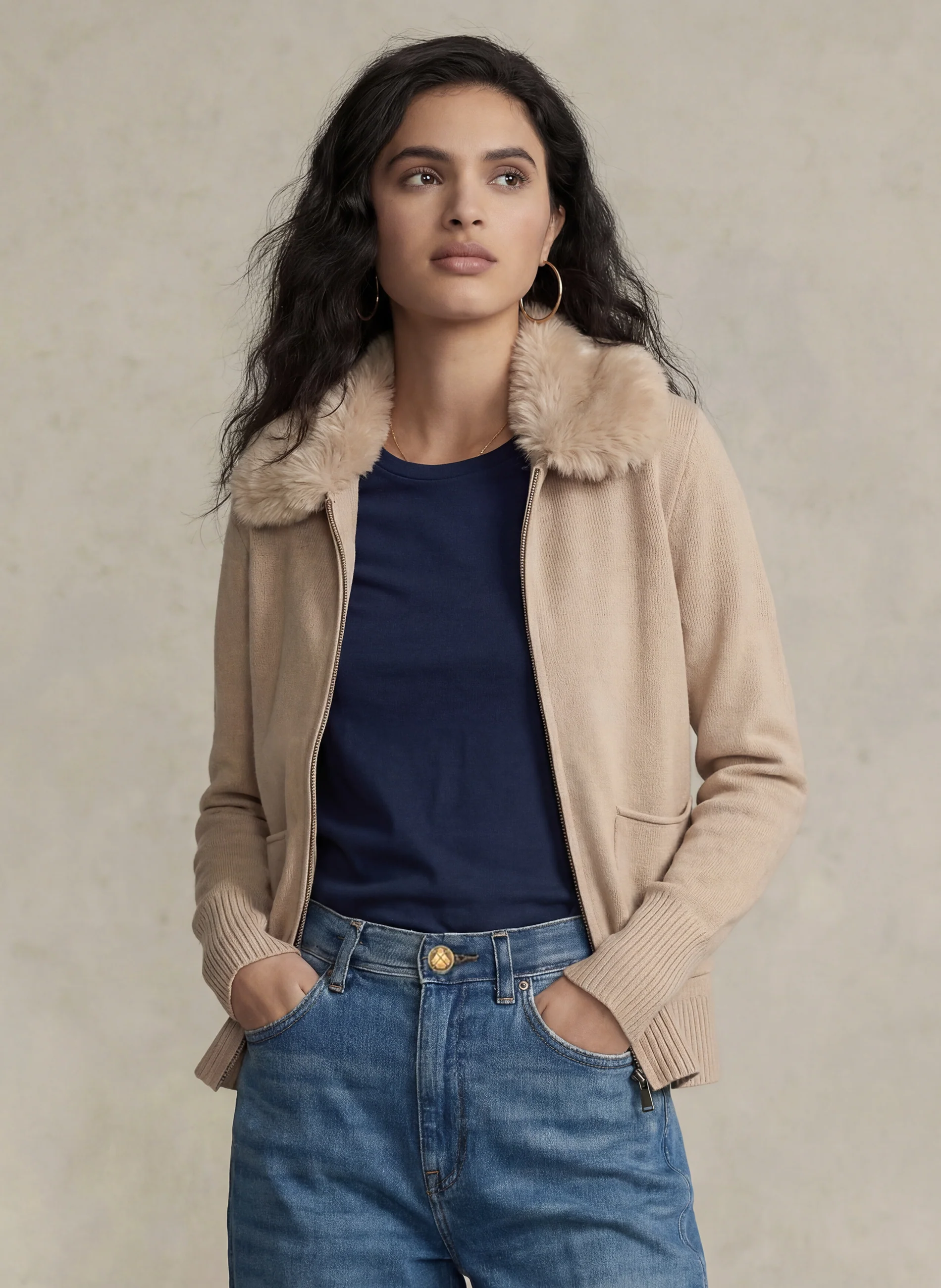 Chaqueta Beige Cuello Pelo Desmontable Mujer - Image 3