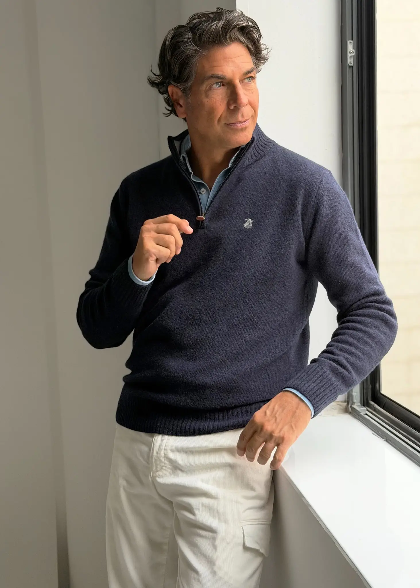 Jersey Azul Lambswool Cuello Cremallera Hombre