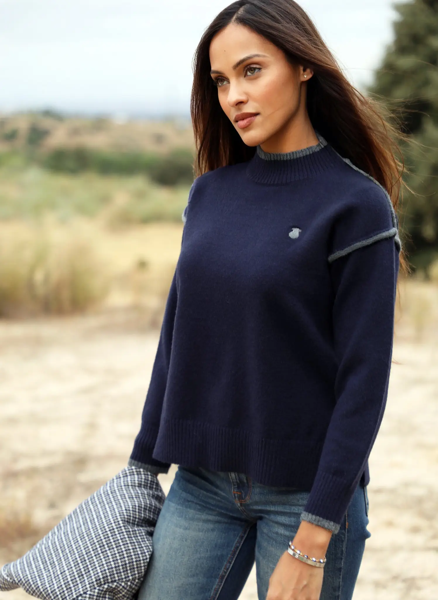 Jersey Marino Ribetes Contraste Mujer