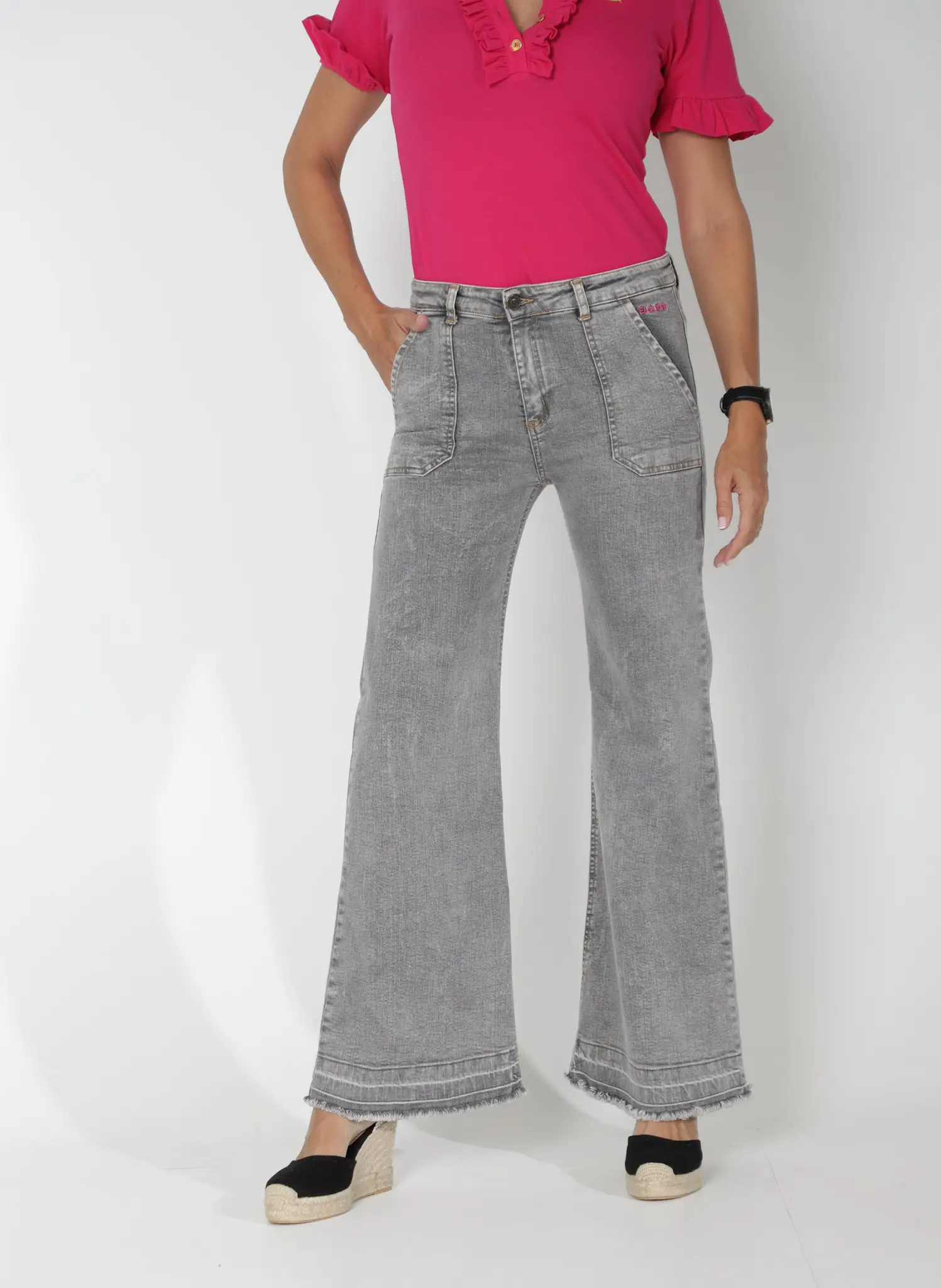 Pantalón Vaquero Bolsillos Delanteros Gris Mujer