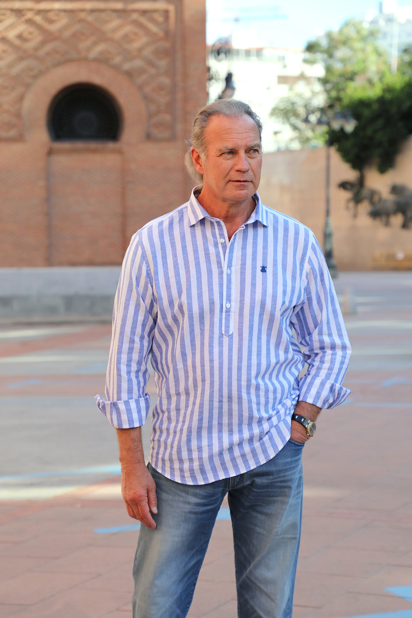 Polera Raya Ancha Azul Lino Hombre