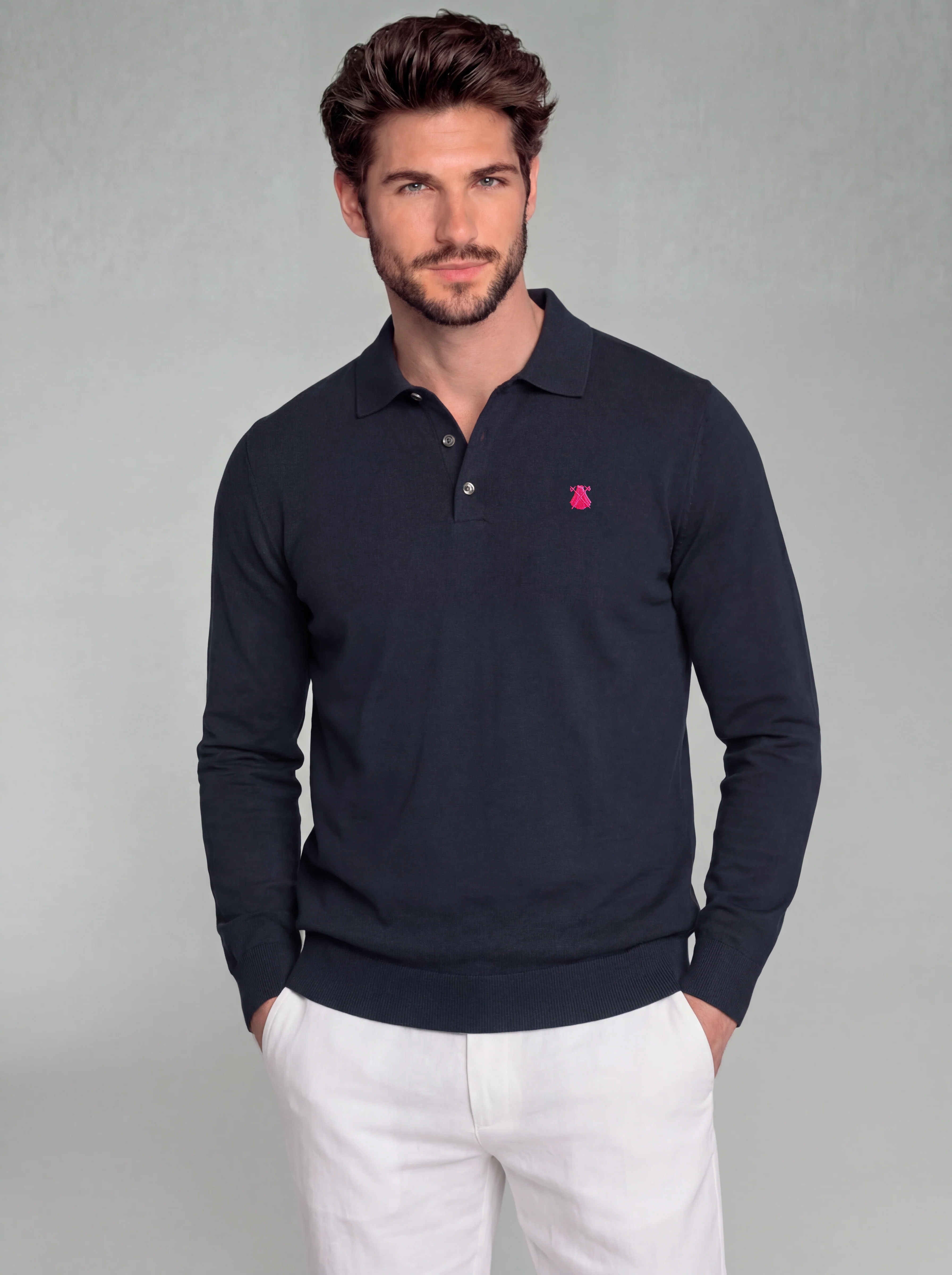 Polo Azul de Punto Manga Larga Hombre