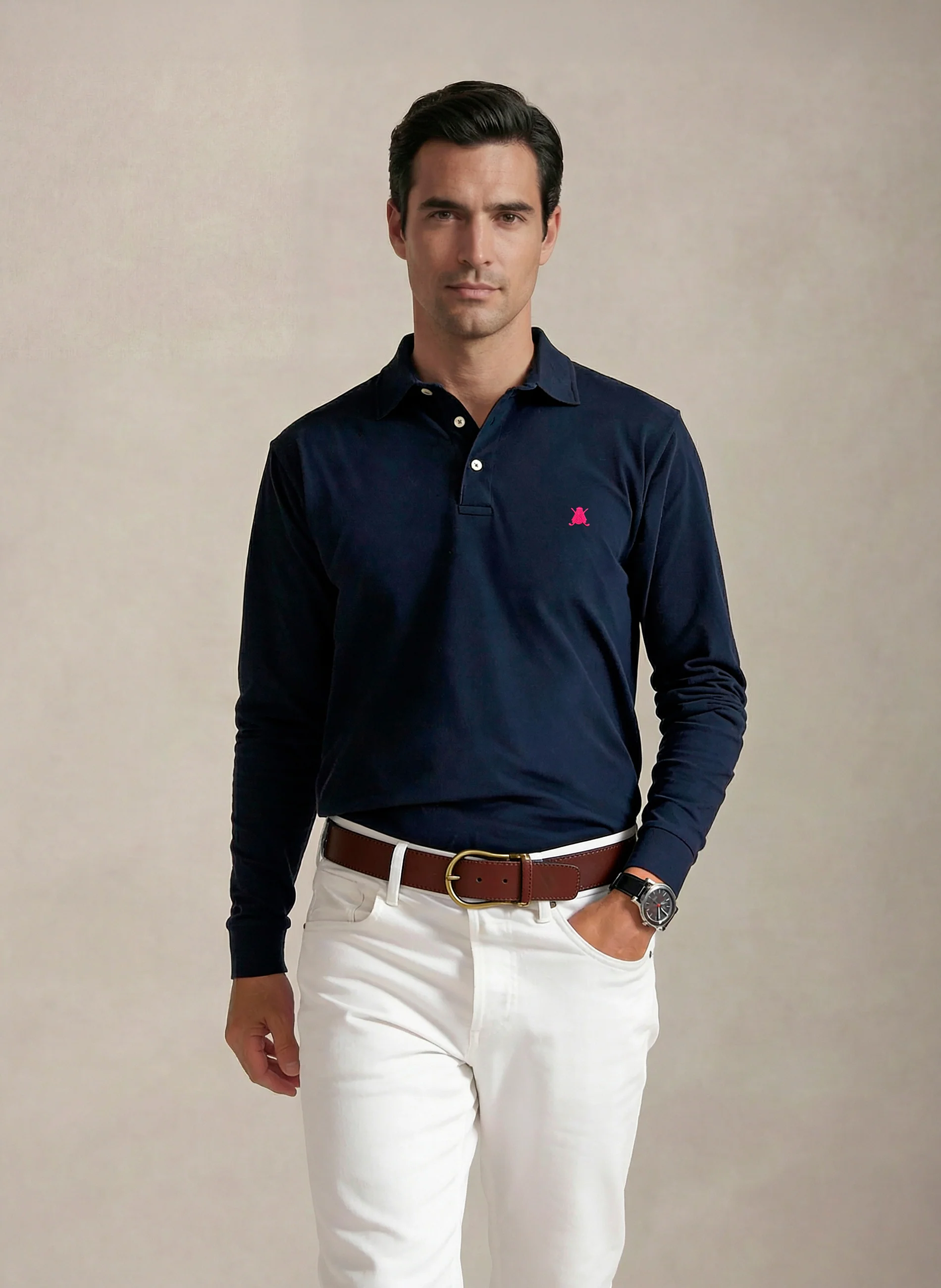 Polo Azul Marino Manga Larga Hombre